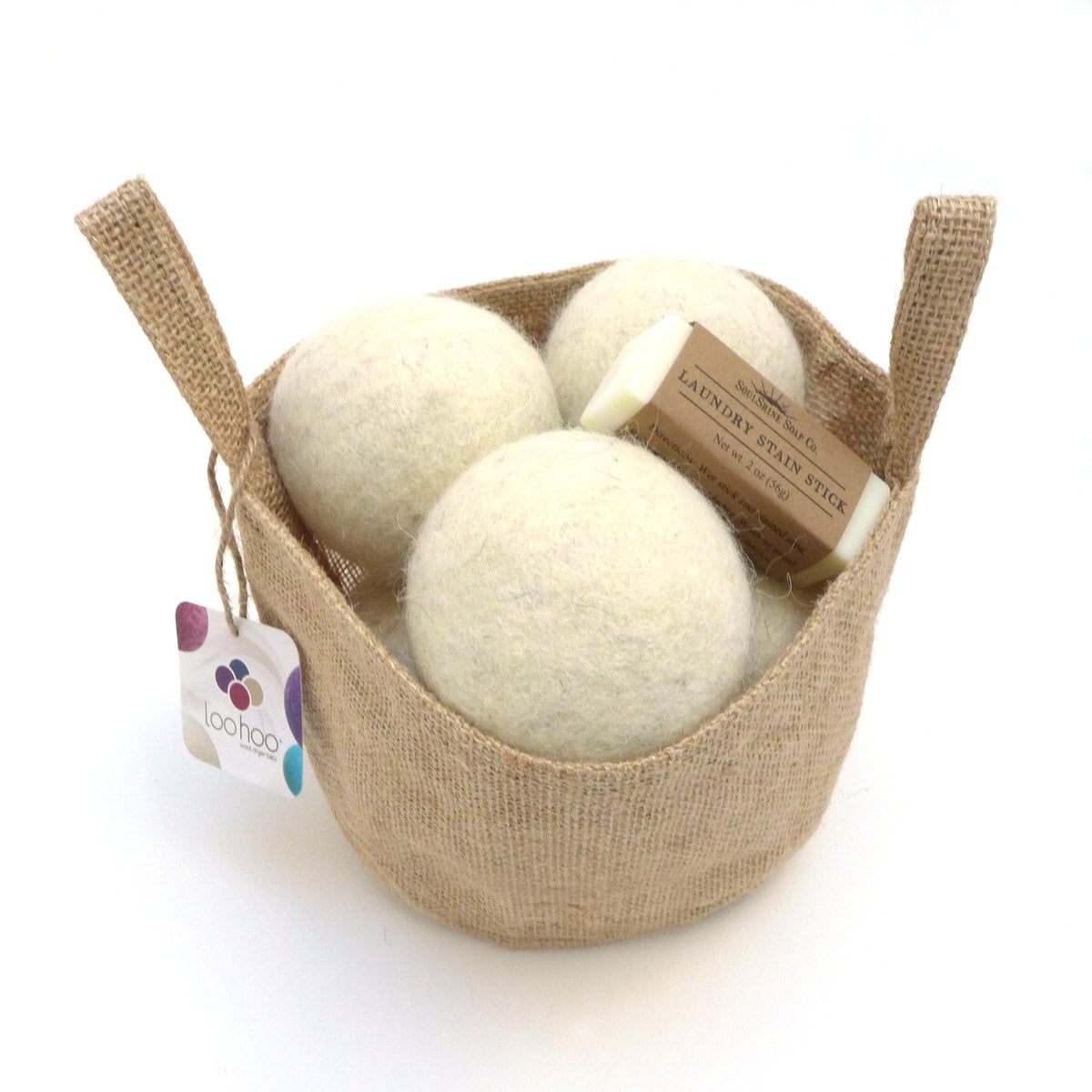 LooHoo Wool Dryer Balls Gift Set — Jute Laundry Tote