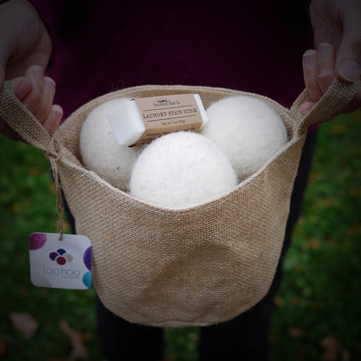 LooHoo Wool Dryer Balls Gift Set — Jute Laundry Tote